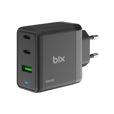 Bix 65W GaN USB Type-C QC 4.0 PD 3 Portlu Hızlı Şarj Cihazı Siyah - Bix