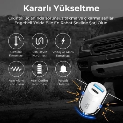 Bix 65W Type-C PD 3.0 ve USB-A Çift Portlu Araç içi Hızlı Şarj Cihazı Beyaz - 3