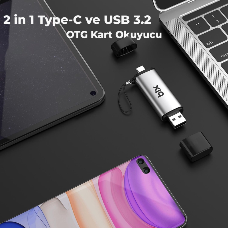Bix ADP-11 Type-C ve USB 3.2 Micro SD, SDHC, SDXC, MMC OTG Hafıza Kartı Okuyucu - 4