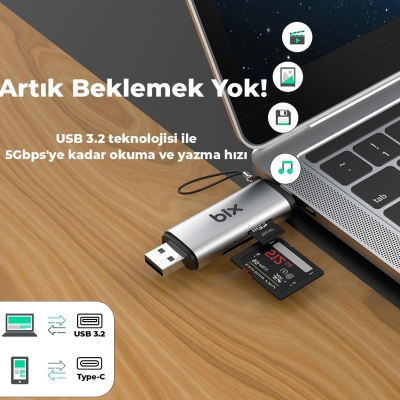 Bix ADP-11 Type-C ve USB 3.2 Micro SD, SDHC, SDXC, MMC OTG Hafıza Kartı Okuyucu - 6