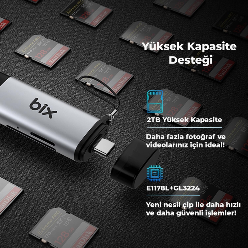 Bix ADP-11 Type-C ve USB 3.2 Micro SD, SDHC, SDXC, MMC OTG Hafıza Kartı Okuyucu - 5