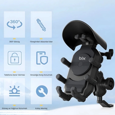 Bix BMPH05 Güneş ve Yağmur Korumalı Ayna Bağlantılı 360° Derece Ayarlanabilir Motosiklet Bisiklet Telefon Tutucu - 5