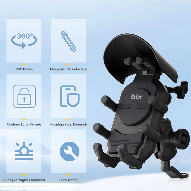 Bix BMPH05 Güneş ve Yağmur Korumalı Ayna Bağlantılı 360° Derece Ayarlanabilir Motosiklet Bisiklet Telefon Tutucu - 5
