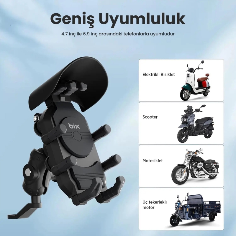Bix BMPH05 Güneş ve Yağmur Korumalı Ayna Bağlantılı 360° Derece Ayarlanabilir Motosiklet Bisiklet Telefon Tutucu - 7