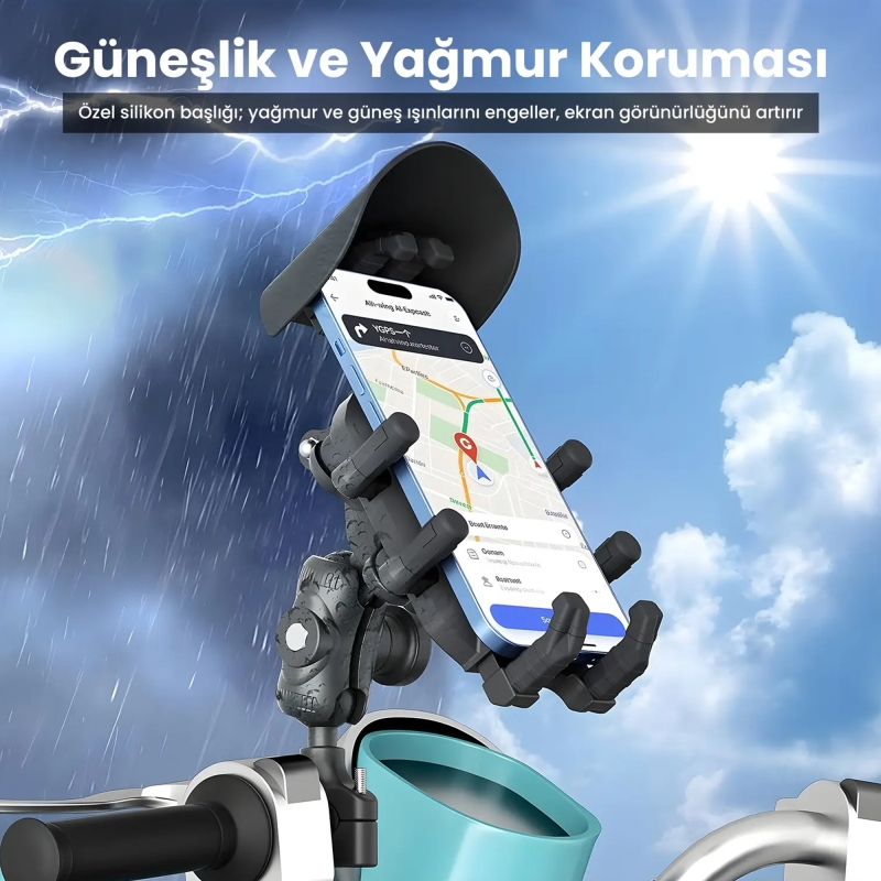 Bix BPH05 Güneş ve Yağmur Korumalı Gidon Bağlantılı 360° Derece Ayarlanabilir Güneşlikli Motosiklet Bisiklet Telefon Tutucu - 3