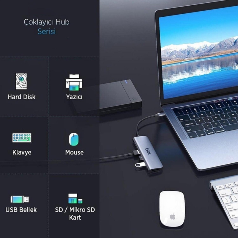 Bix BX07HB Type-C to Type-C 4 Portlu USB 3.0 PD Çoklayıcı Dönüştürücü Adaptör - 6
