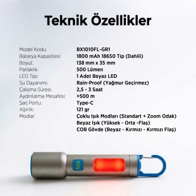 Bix BX1010FL 10W 500 Lümen Zoom Özellikli 500 Metre Menzilli Metal LED El Feneri Şarj Edilebilir Flashlight - 7