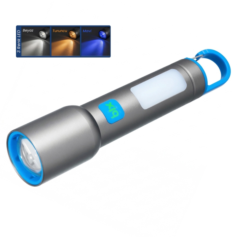 Bix BX1010FL Beyaz-Mavi-Turuncu 10W 3 Renk 500 Lümen Zoom Özellikli 500 Metre Menzilli LED El Feneri Şarj Edilebilir Flashlight - 1
