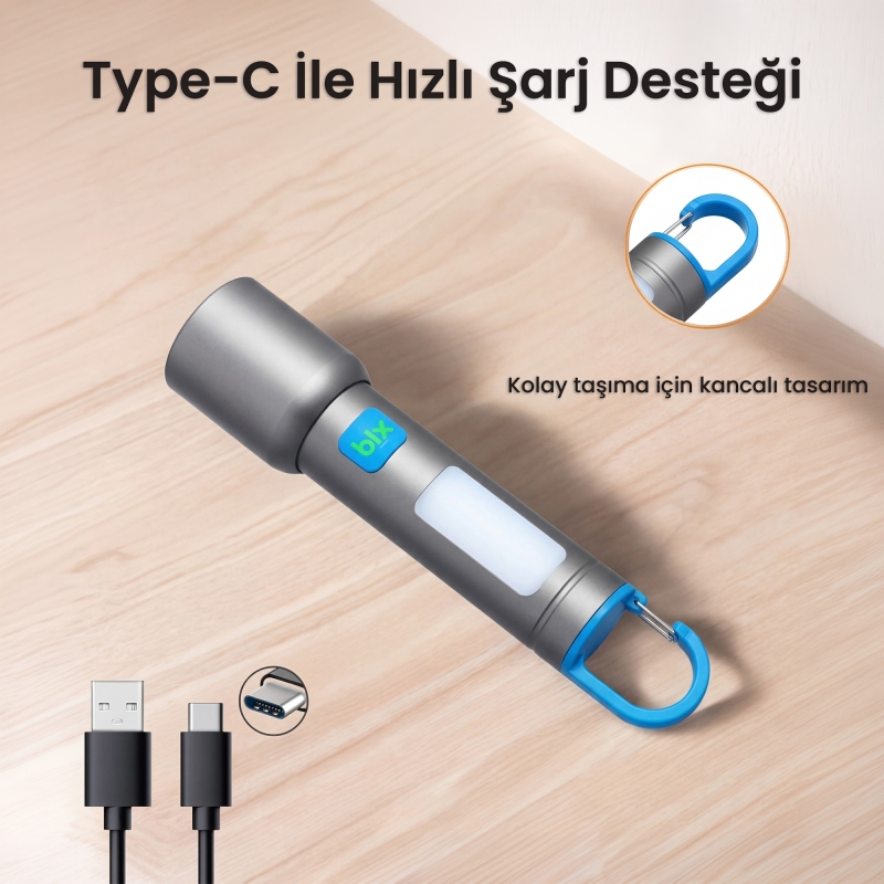 Bix BX1010FL Beyaz-Mavi-Turuncu 10W 3 Renk 500 Lümen Zoom Özellikli 500 Metre Menzilli LED El Feneri Şarj Edilebilir Flashlight - 4