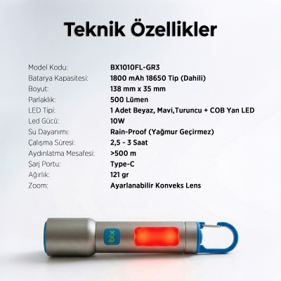 Bix BX1010FL Beyaz-Mavi-Turuncu 10W 3 Renk 500 Lümen Zoom Özellikli 500 Metre Menzilli LED El Feneri Şarj Edilebilir Flashlight - 9