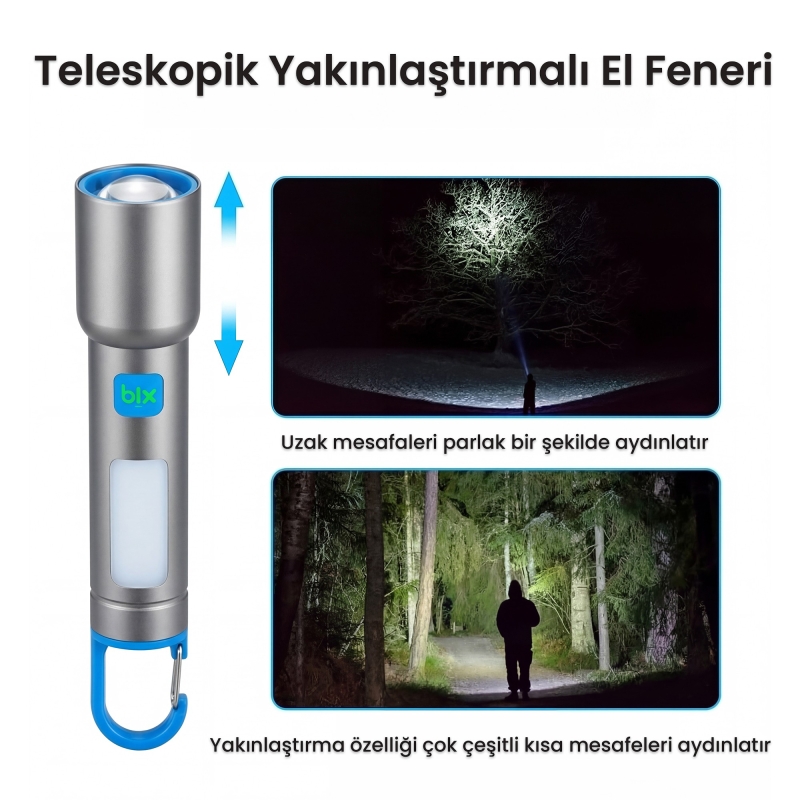 Bix BX1010FL Beyaz-Mavi-Turuncu 10W 3 Renk 500 Lümen Zoom Özellikli 500 Metre Menzilli LED El Feneri Şarj Edilebilir Flashlight - 6