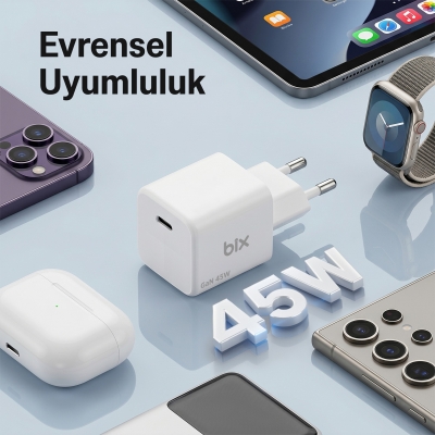 Bix BX1P46G 45W GaN Kompakt Şarj Aleti Type-C PPS/AVS Destekli Hızlı Şarj Cihazı Beyaz - 5