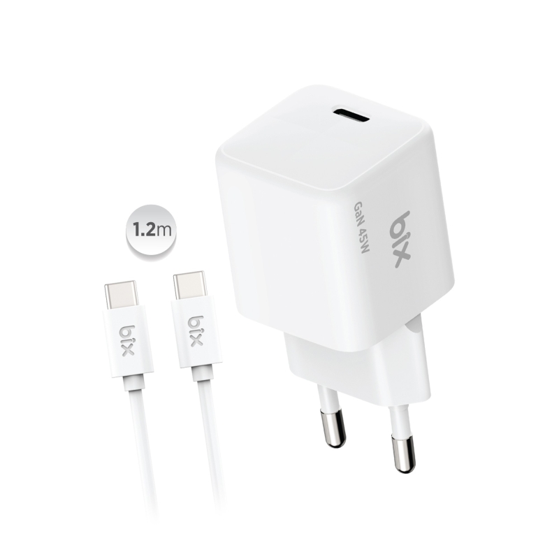 Bix BX1P46G GaN 45W Kompakt Şarj Aleti Type-C PPS/AVS Destekli Hızlı Şarj Cihazı ve 1.2 Metre Type-C Kablo - 1