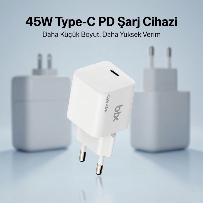 Bix BX1P46G GaN 45W Kompakt Şarj Aleti Type-C PPS/AVS Destekli Hızlı Şarj Cihazı ve 1.2 Metre Type-C Kablo - 2