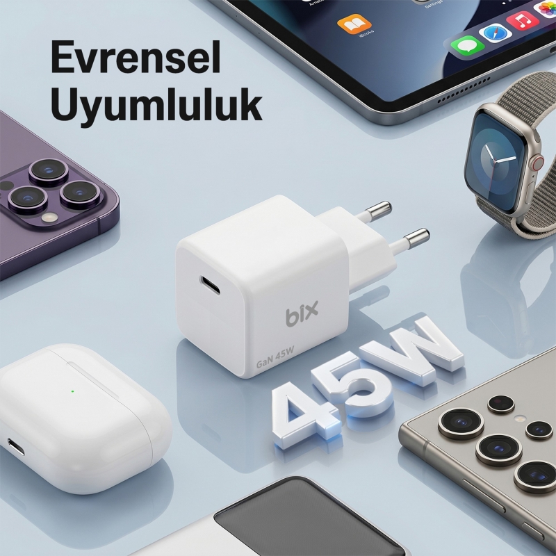 Bix BX1P46G GaN 45W Kompakt Şarj Aleti Type-C PPS/AVS Destekli Hızlı Şarj Cihazı ve 1.2 Metre Type-C Kablo - 5