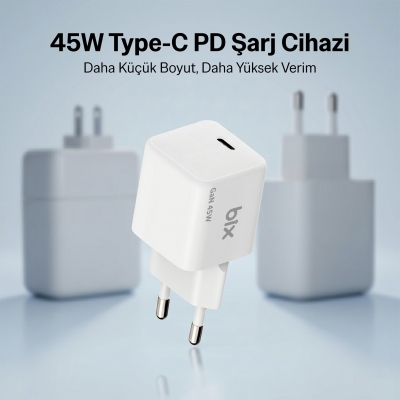 Bix BX1P46G GaN 45W Kompakt Şarj Aleti Type-C PPS/AVS Destekli Hızlı Şarj Cihazı ve 1.2 Metre Type-C Kablo - 2