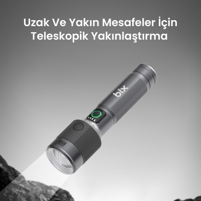 Bix BX2101FL 1450 Lümen 30W Led El Feneri Teleskopik Zoom Metal Gövdeli Şarj Edilebilir 690 Metre Uzun Menzilli Flashlight - 2