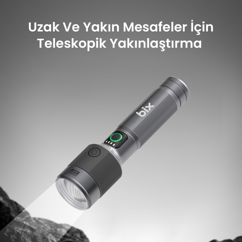 Bix BX2101FL 1450 Lümen 30W Led El Feneri Teleskopik Zoom Metal Gövdeli Şarj Edilebilir 690 Metre Uzun Menzilli Flashlight - 2