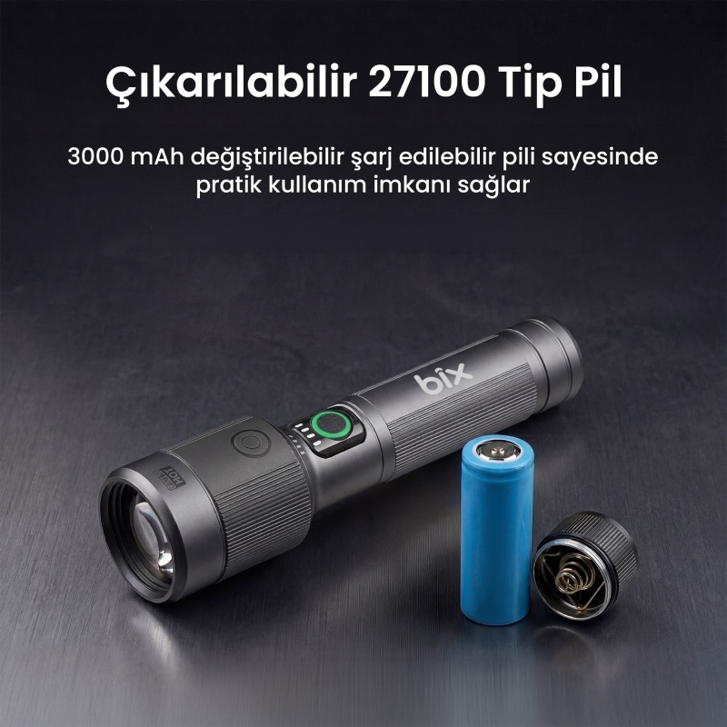 Bix BX2101FL 1450 Lümen 30W Led El Feneri Teleskopik Zoom Metal Gövdeli Şarj Edilebilir 690 Metre Uzun Menzilli Flashlight - 3