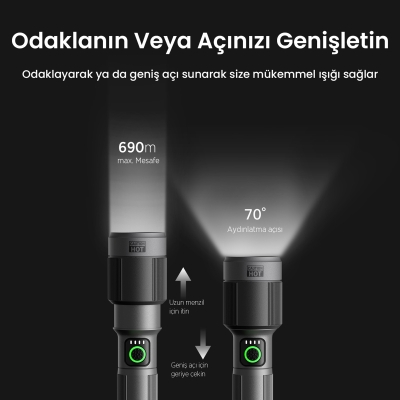 Bix BX2101FL 1450 Lümen 30W Led El Feneri Teleskopik Zoom Metal Gövdeli Şarj Edilebilir 690 Metre Uzun Menzilli Flashlight - 4