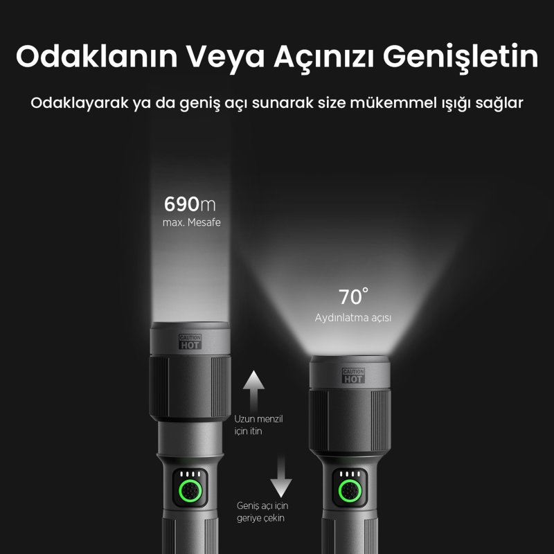 Bix BX2101FL 1450 Lümen 30W Led El Feneri Teleskopik Zoom Metal Gövdeli Şarj Edilebilir 690 Metre Uzun Menzilli Flashlight - 4