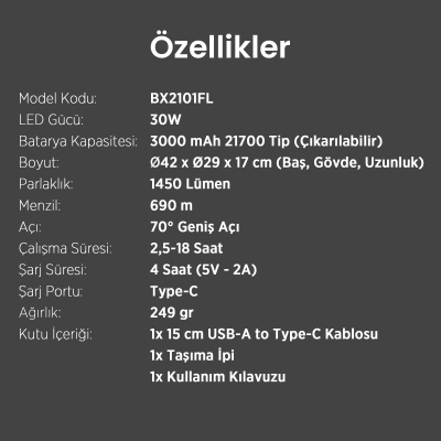 Bix BX2101FL 1450 Lümen 30W Led El Feneri Teleskopik Zoom Metal Gövdeli Şarj Edilebilir 690 Metre Uzun Menzilli Flashlight - 9