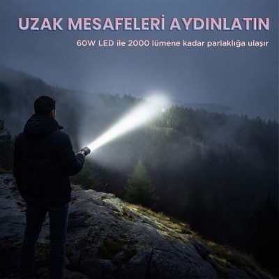 Bix BX2139FL 2000 Lümen 60W Led El Feneri Teleskopik Zoom Metal Gövdeli Şarj Edilebilir 1000 Metre Uzun Menzilli Flashlight - 4