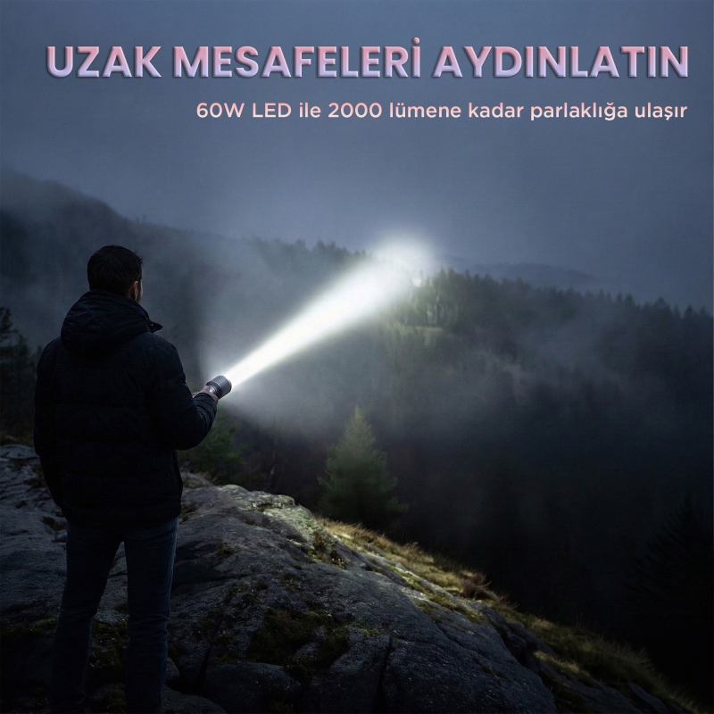 Bix BX2139FL 2000 Lümen 60W Led El Feneri Teleskopik Zoom Metal Gövdeli Şarj Edilebilir 1000 Metre Uzun Menzilli Flashlight - 4