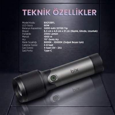 Bix BX2139FL 2000 Lümen 60W Led El Feneri Teleskopik Zoom Metal Gövdeli Şarj Edilebilir 1000 Metre Uzun Menzilli Flashlight - 10