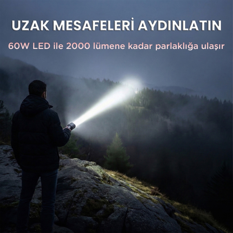 Bix BX2139FL 2000 Lümen 60W Led El Feneri Teleskopik Zoom Metal Gövdeli Şarj Edilebilir 1000 Metre Uzun Menzilli Flashlight - 4