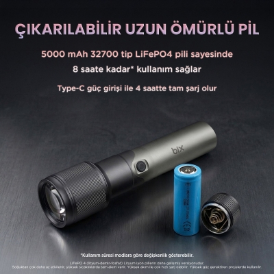 Bix BX2139FL 2000 Lümen 60W Led El Feneri Teleskopik Zoom Metal Gövdeli Şarj Edilebilir 1000 Metre Uzun Menzilli Flashlight - 6