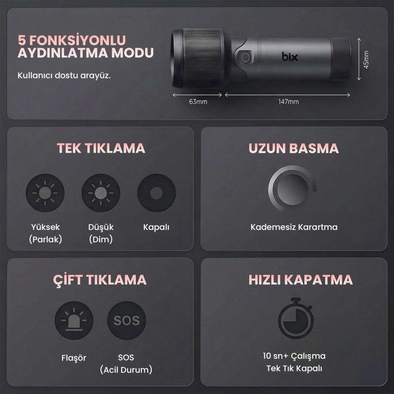 Bix BX2139FL 2000 Lümen 60W Led El Feneri Teleskopik Zoom Metal Gövdeli Şarj Edilebilir 1000 Metre Uzun Menzilli Flashlight - 8