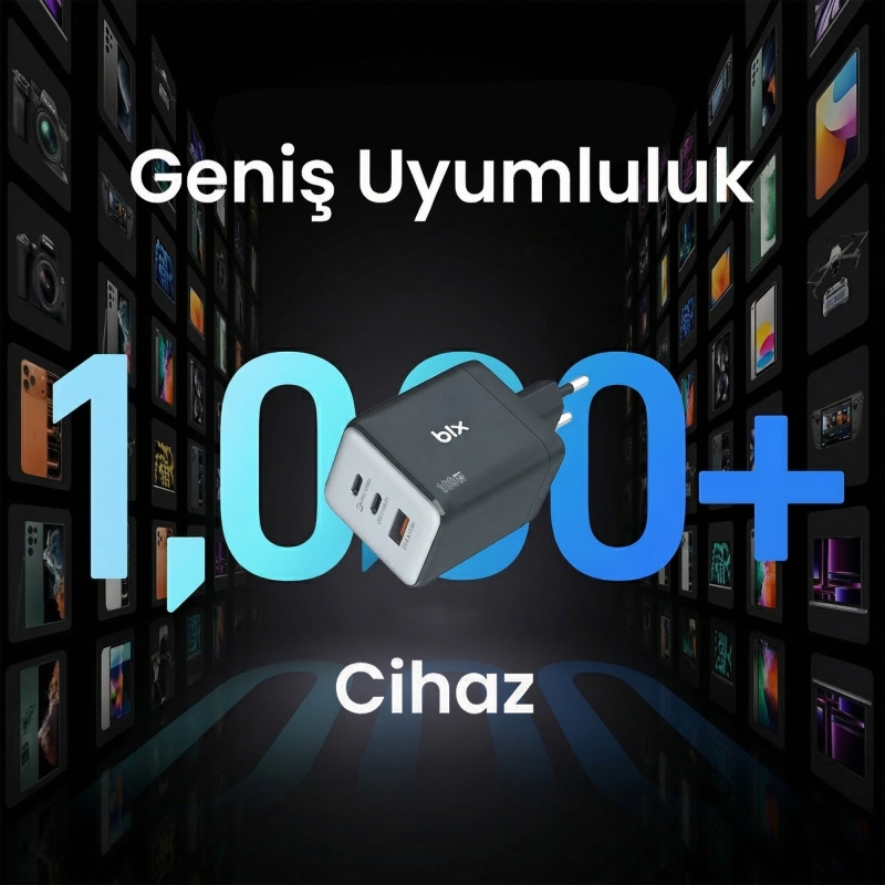Bix BX3P102G 100W 3 Portlu 2C1A GaN Şarj Aleti iPhone & Macbook & Android Uyumlu Type-C Hızlı Şarj Cihazı - 6