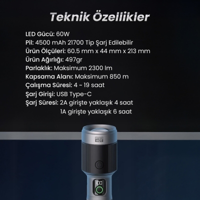Bix BX5101FL 2300 Lümen 60W Led El Feneri Teleskopik Zoom Metal Gövdeli Şarj Edilebilir 850 Metre Uzun Menzilli Flashlight - 8