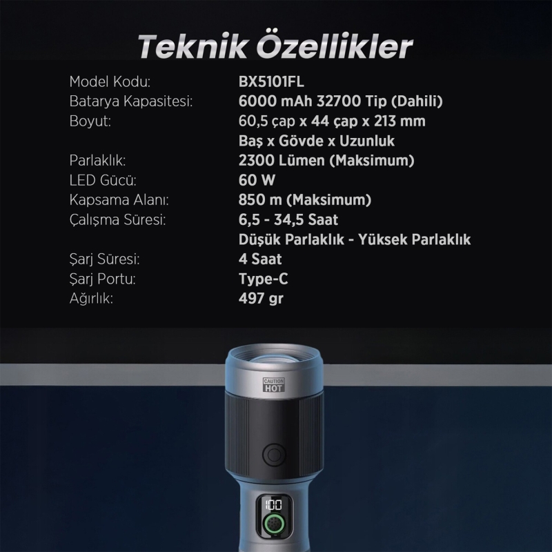 Bix BX5101FL 2300 Lümen 60W Led El Feneri Teleskopik Zoom Metal Gövdeli Şarj Edilebilir 850 Metre Uzun Menzilli Flashlight - 8
