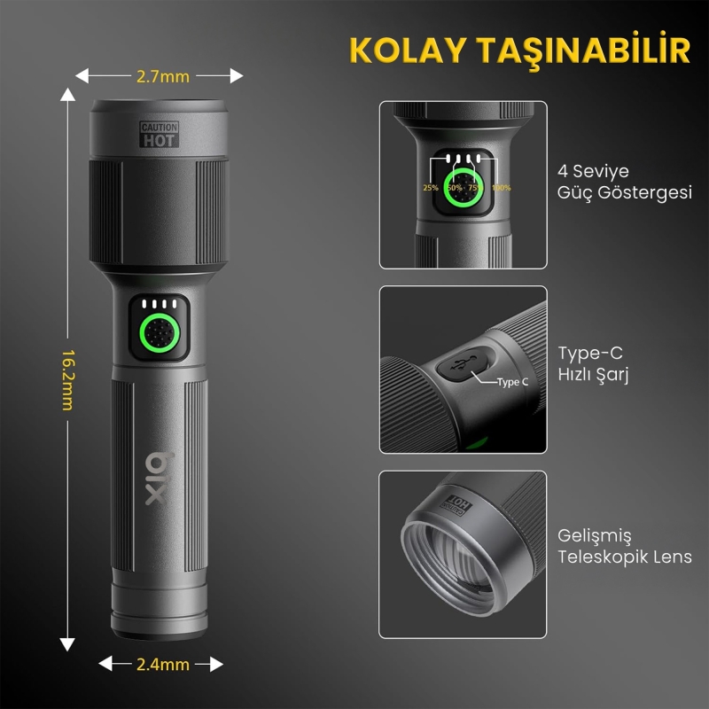 Bix BX5141FL 1450 Lümen 30W Led El Feneri Teleskopik Zoom Sos Modlu Metal Gövdeli Şarj Edilebilir Uzun Menzilli Flashlight - 2