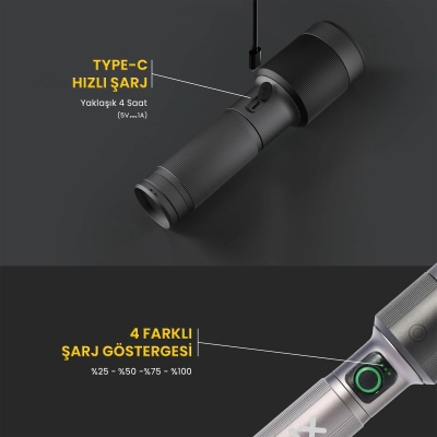 Bix BX5141FL 1450 Lümen 30W Led El Feneri Teleskopik Zoom Sos Modlu Metal Gövdeli Şarj Edilebilir Uzun Menzilli Flashlight - 6