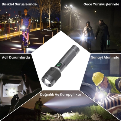 Bix BX5141FL 1450 Lümen 30W Led El Feneri Teleskopik Zoom Sos Modlu Metal Gövdeli Şarj Edilebilir Uzun Menzilli Flashlight - 5