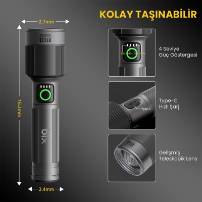 Bix BX5141FL 1450 Lümen 30W Led El Feneri Teleskopik Zoom Sos Modlu Metal Gövdeli Şarj Edilebilir Uzun Menzilli Flashlight - 2