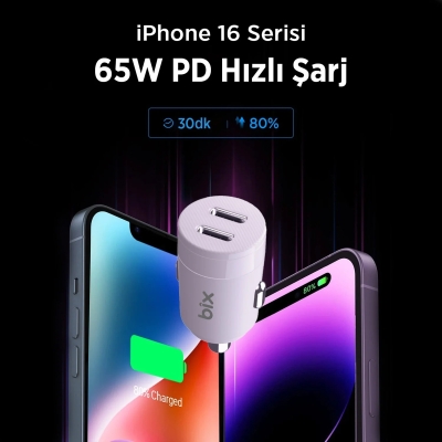 Bix BXCC65C 65W Çift Portlu PD 3.0 Type-C Araç Şarj Cihazı Beyaz - 3