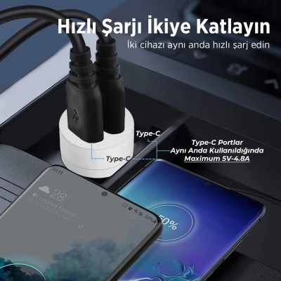 Bix BXCC65C 65W Çift Portlu PD 3.0 Type-C Araç Şarj Cihazı Beyaz - 5