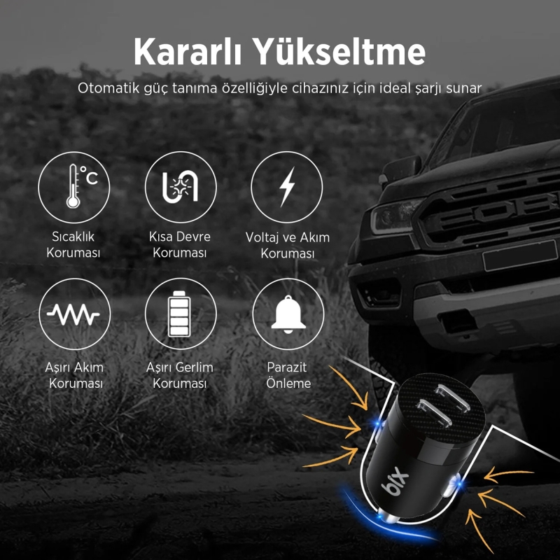 Bix BXCC65C 65W Çift Portlu PD 3.0 Type-C Araç Şarj Cihazı Siyah - 3