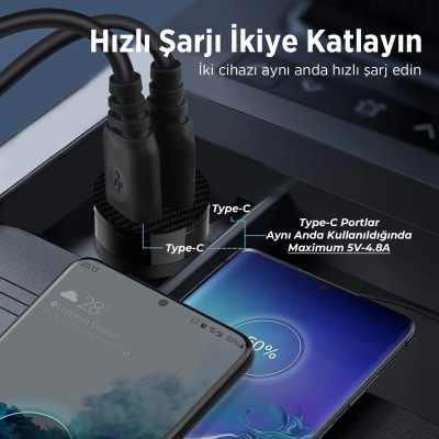 Bix BXCC65C 65W Çift Portlu PD 3.0 Type-C Araç Şarj Cihazı Siyah - 2