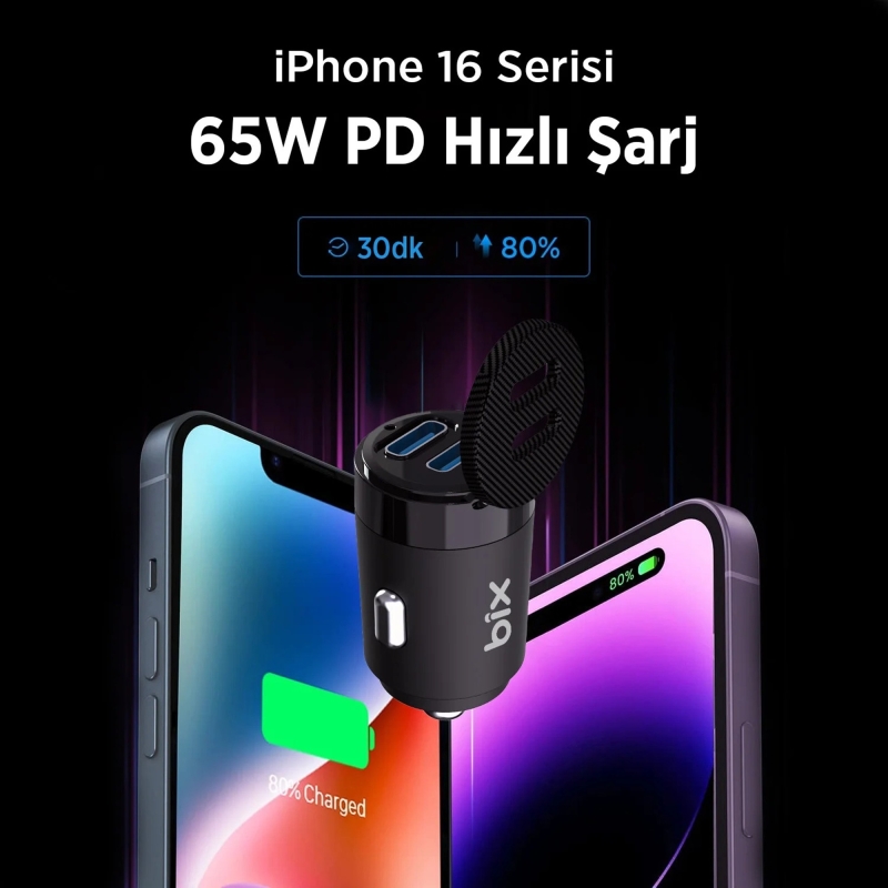 Bix BXCC65C 65W Çift Portlu PD 3.0 Type-C Araç Şarj Cihazı Siyah - 4