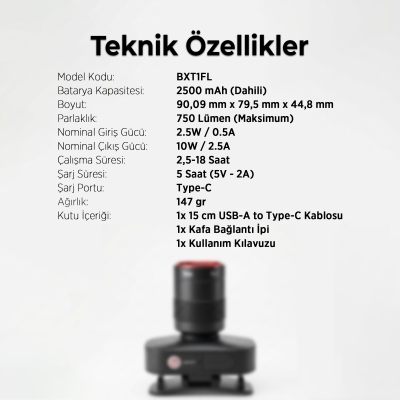 Bix BXT1FL 10W Şarj Edilebilir Kafa Feneri 750 Lümen 2500mAh 4 Işık Modlu Zoom Özellikli LED Kafa Lambası Headlight - 7