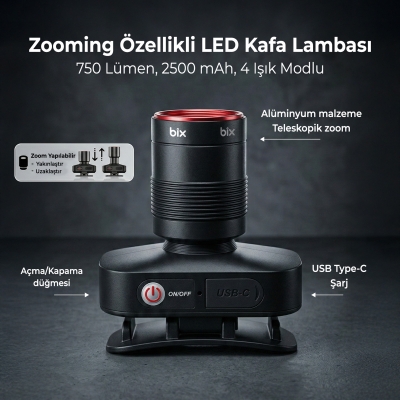 Bix BXT1FL 10W Şarj Edilebilir Kafa Feneri 750 Lümen 2500mAh 4 Işık Modlu Zoom Özellikli LED Kafa Lambası Headlight - 2