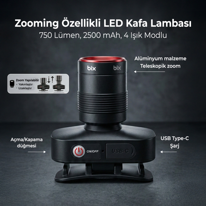 Bix BXT1FL 10W Şarj Edilebilir Kafa Feneri 750 Lümen 2500mAh 4 Işık Modlu Zoom Özellikli LED Kafa Lambası Headlight - 2