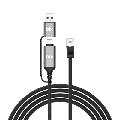 Bix C6AC15 2in1 USB-A & Type-C to RJ45 1000Mbps Gigabit Ethernet Dönüştürücü CAT6 Kablo 1.5 Metre - Bix