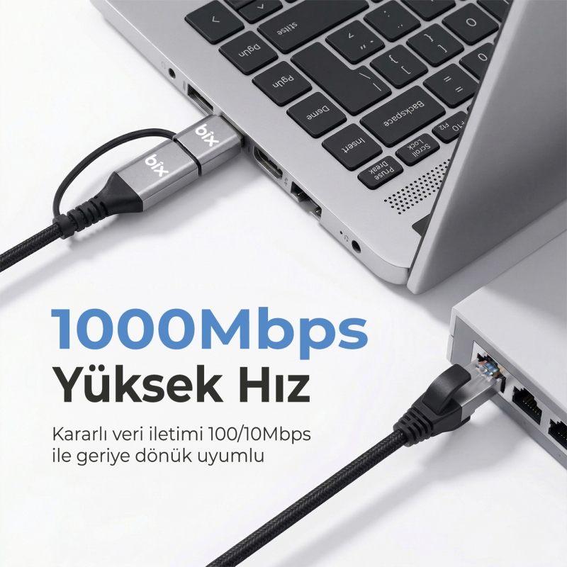 Bix C6AC15 2in1 USB-A & Type-C to RJ45 1000Mbps Gigabit Ethernet Dönüştürücü CAT6 Kablo 1.5 Metre - 2
