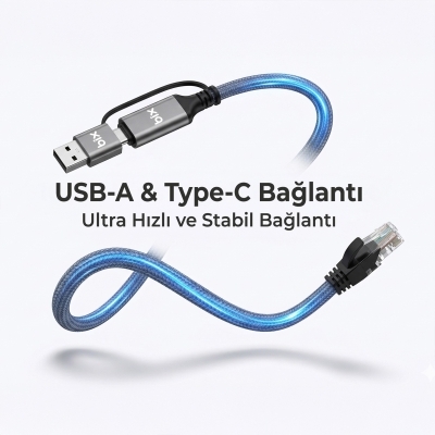 Bix C6AC15 2in1 USB-A & Type-C to RJ45 1000Mbps Gigabit Ethernet Dönüştürücü CAT6 Kablo 1.5 Metre - 3